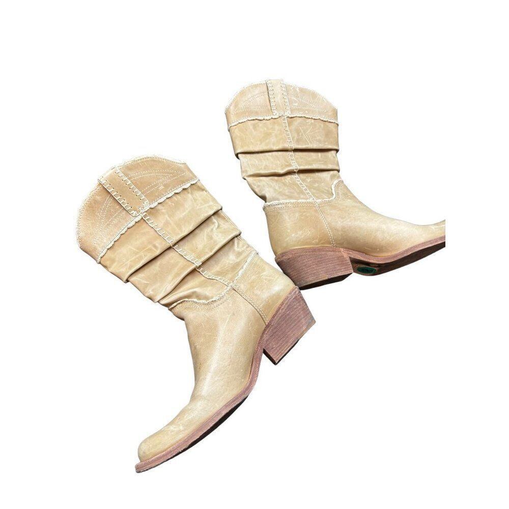 Bcbg Max Azria sz 8 Tan All Leather Western Cowgirl Boots Mid-Calf with Stacked